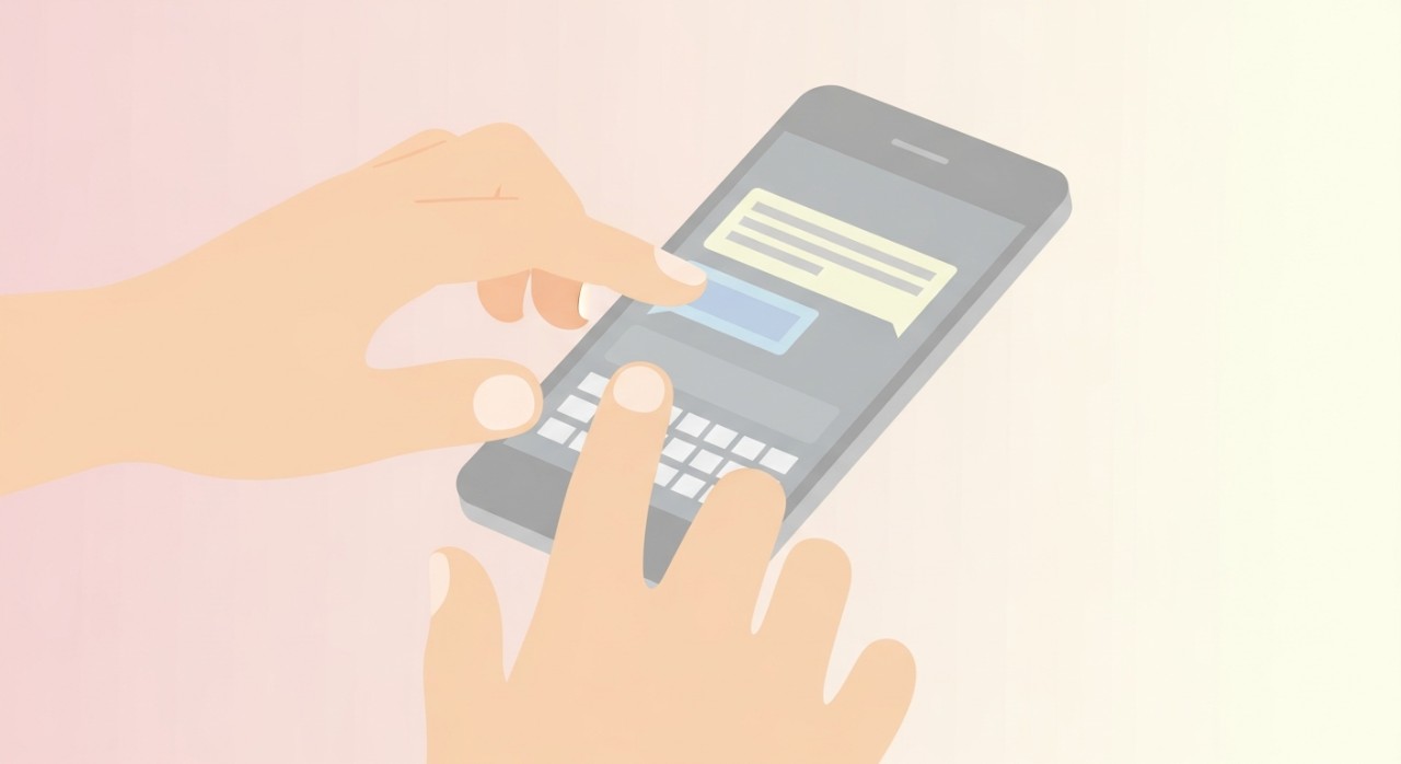 Tangan seorang individu sedang menaip pesanan ringkas pada skrin telefon pintar.