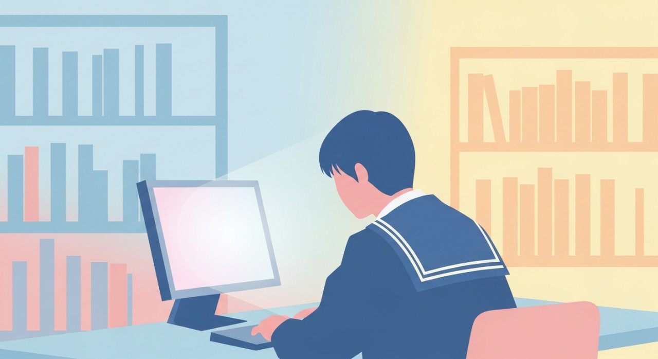 Seorang murid sekolah sedang menyemak keputusan peperiksaan pada skrin komputer