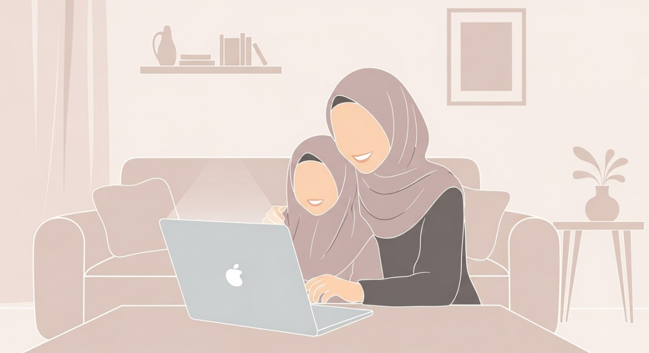 Seorang ibu dan anak perempuan melihat keputusan peperiksaan dengan gembira di skrin komputer riba.