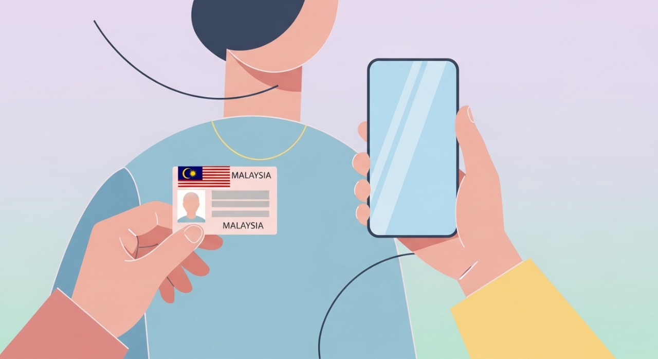 Seorang individu memegang kad pengenalan sambil melihat paparan di skrin telefon pintar.