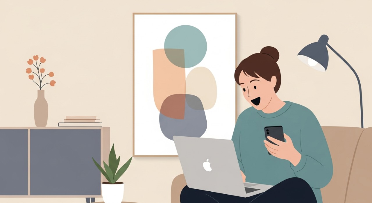 Seorang individu sedang melihat skrin komputer riba dengan riak wajah gembira