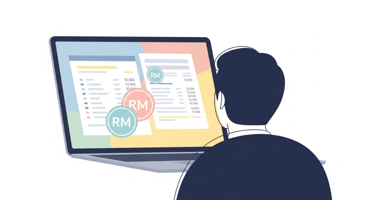 Seorang individu sedang meneliti dokumen kewangan dan paparan skrin komputer yang menunjukkan baki akaun.